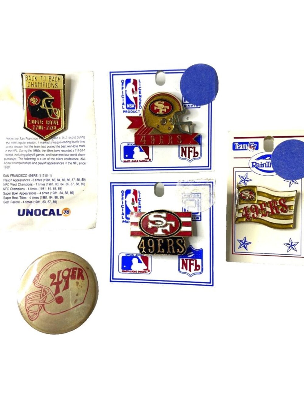 SF 49ers 5 Vtg Pin Button Lot NFL Enamel Hat Lapel Helmet B2B Super Bowl Unocal